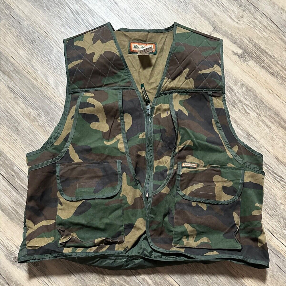 Remington Hunting Vest Green Camouflage Zip Up Fishing Button Pockets Men's XL